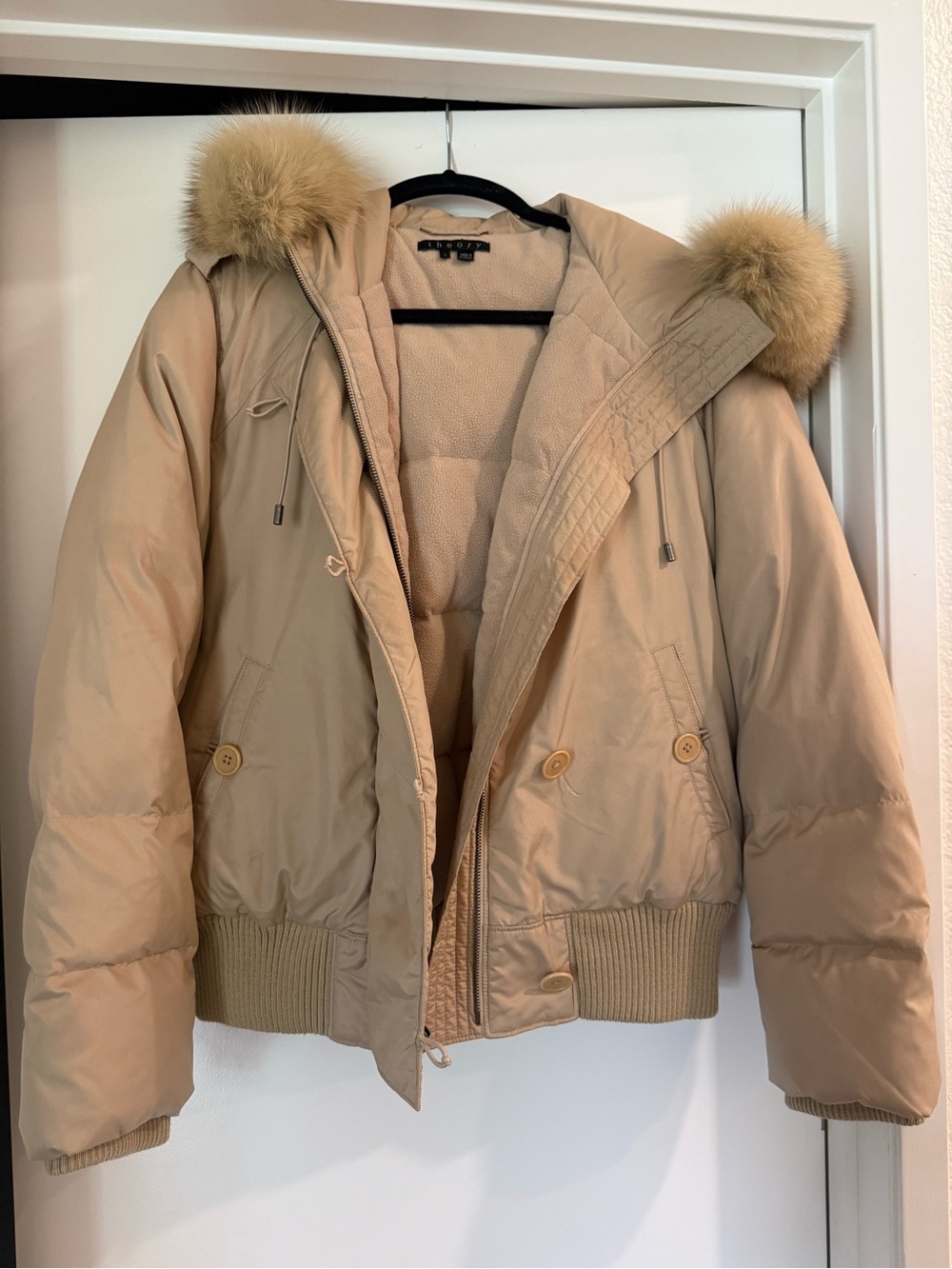 Theory Beige Fur-Trimmed Puffer Jacket